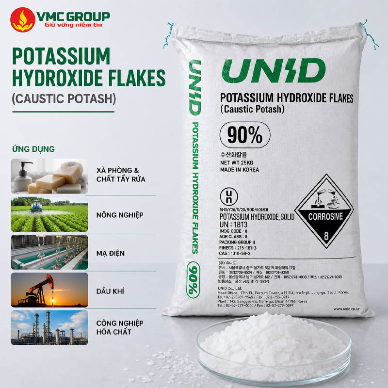 POTASSIUM HYDROXIDE KOH 90% BAO 25KG HAN QUOC