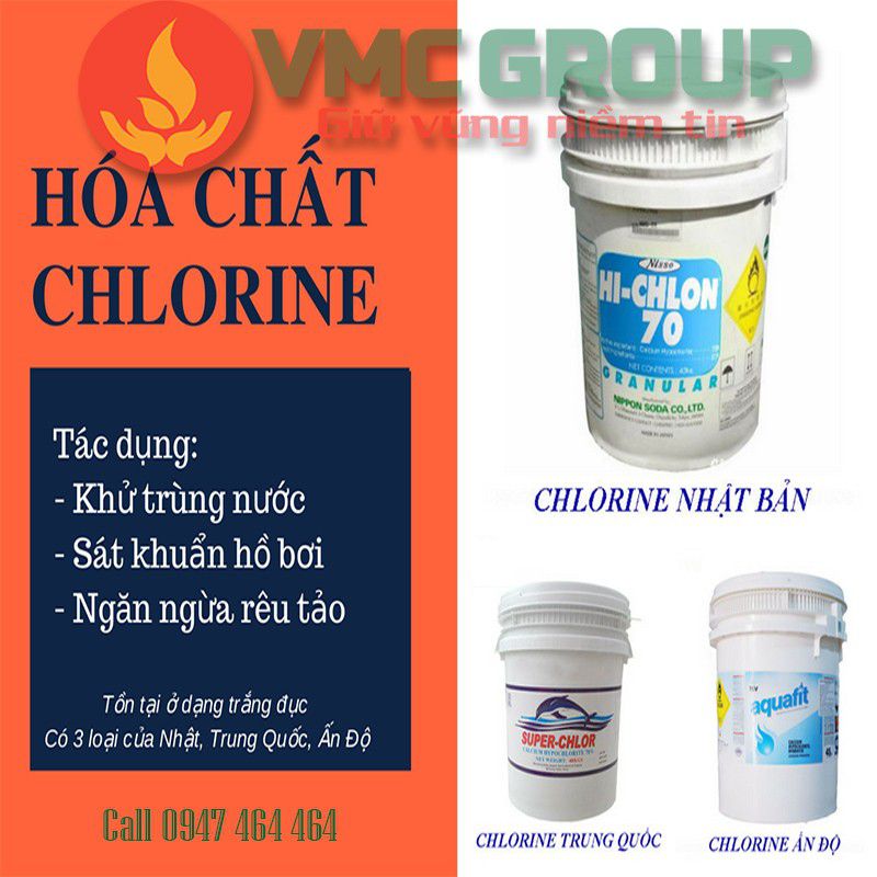Hóa chất Chlorine với 3 loại khác nhau, có tác dụng khử trùng hồ bơi
