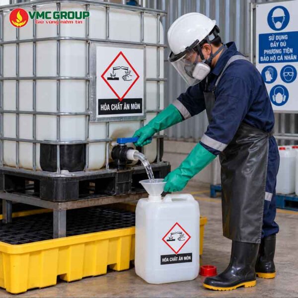 Sang chiết hóa chất từ bồn IBC sang can nhỏ