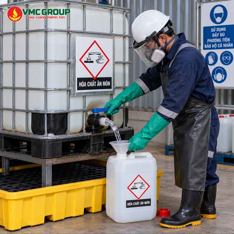 Sang chiết hóa chất từ bồn IBC sang can nhỏ